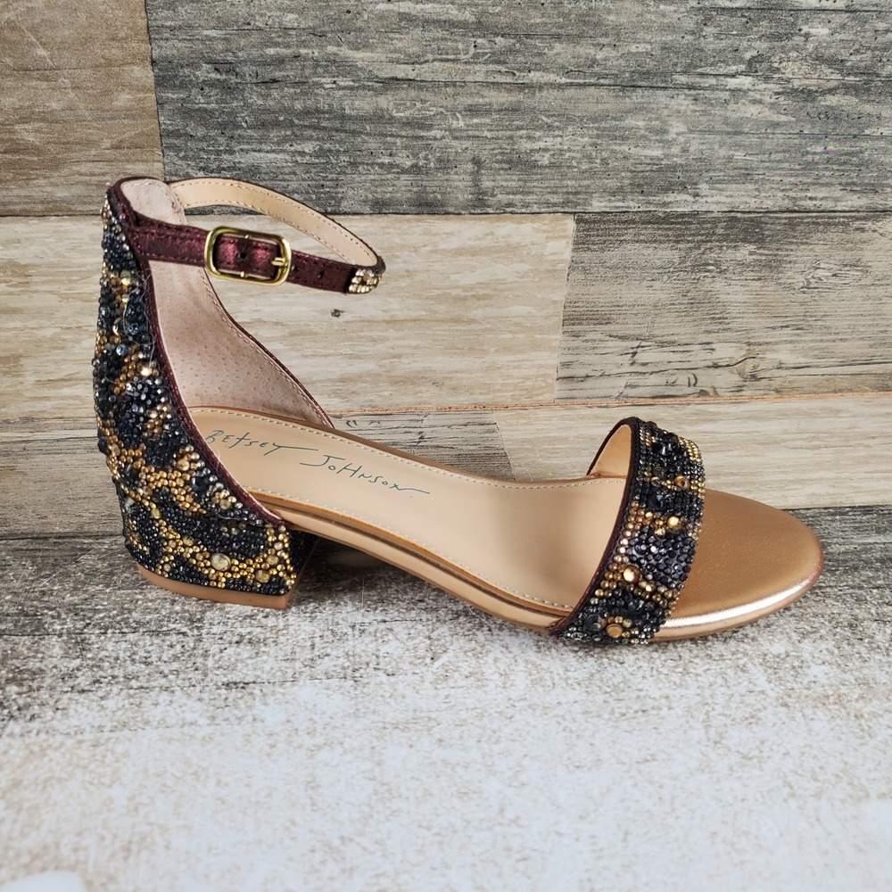 Betsey Johnson Mari Girls Sandal Sz 2 Leopard Open Toe Block Heel Ankle Strap